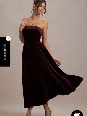 Club L London Strapless Velvet Midi Dress in Wine